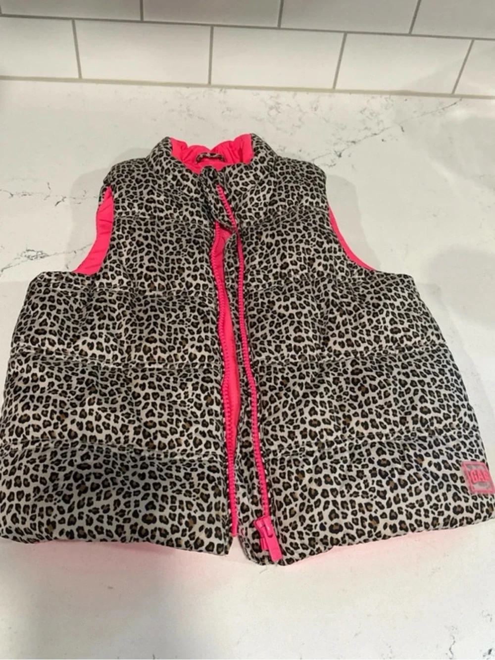 GAP Leopard Print Puffer Vest with Hot Pink Trim